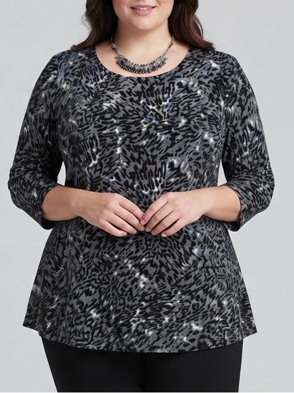 😍CLEARANCE Long Sleeve Stretch Blouse Black Grey Cheetah Animal Print LARGE